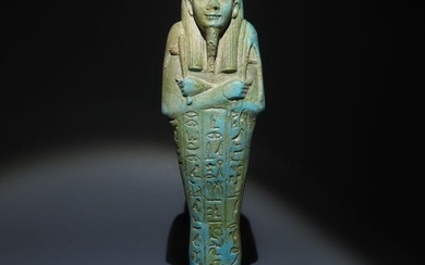 Ancient Egyptian Faience 26th Dynasty. Ushabti Shabti for Oudja-Hor son of Isetenmehyt, chief of festivities. 18 cm H. Intact