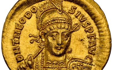 Ancients: , Theodosius II, Eastern Roman Empire (AD 402-450). AV solidus (21mm, 4.45 gm, 6h). NGC Choice MS 5/5 - 5/5....