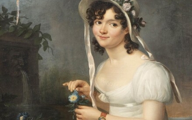 Anonyme XIXème, "Portrait d'une jeune femme assise dans un jardin", Huile sur toile