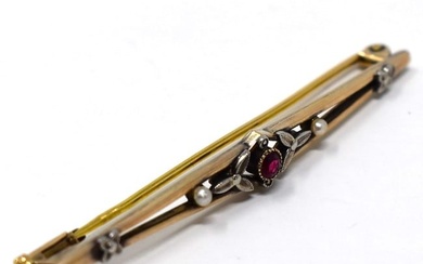 Antique 14K yellow gold, pearl and ruby pin brooch