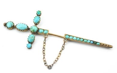Antique 19th C 10kt Gold & Turquoise Sword Brooch