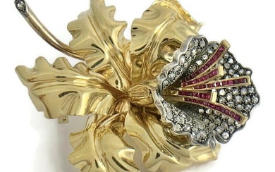 Antique Art Nouveau Diamond Ruby Flower Brooch Pin 18K Yellow Gold, 38.16 Gr
