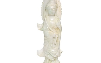 Antique Chinese White Jade Moss In Snow Guanyin Statue Sculpture Carving