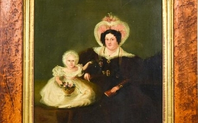 Antique English Oil Portrait Painting Mother Child