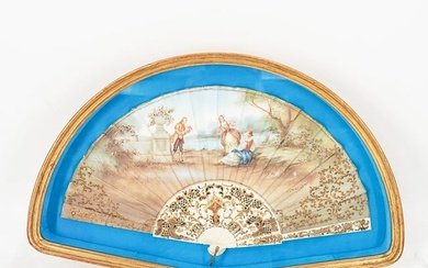 Antique French Hand Painted Hand Fan Framed In Shadow Box