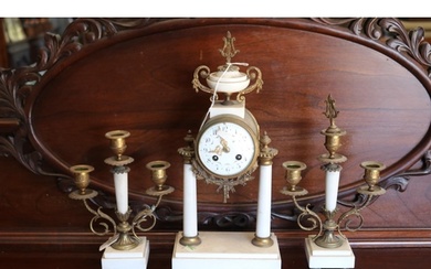 Antique French white marble and brass clock and matching thr...