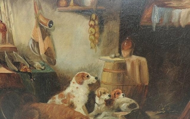 Antique Gilt Framed Oil Cottage Interior with Sorting Dogs...