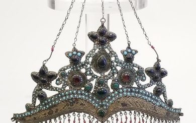 Antique Uzbek Bukhara gilt silver headdress set with stones - 8" long