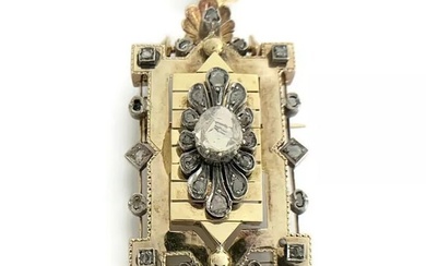 Antique Victorian Rectangle Diamond Pendant Brooch Pin 18K Yellow Gold, 16.25 Gr