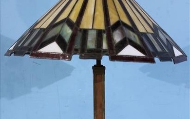 Antique stained glass table lamp with brass base, 22 in. T.