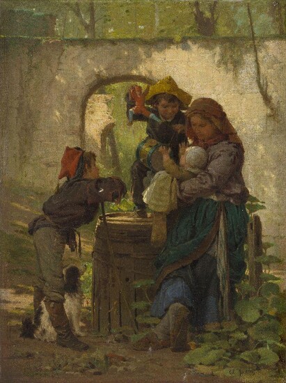 Antoine Edouard Joseph Moulinet, French 1833-1891- Amuser lâ€™enfant; oil on canvas, signed 'Ed. Moulient.' (lower right), 33 x 24.6 cm. Provenance: Private Collection, UK.