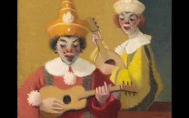 Antonio Calderara ( Abbiategrasso 1903 - Vacciago 1978 ) , "Due pagliacci" 1945 oil on board cm 16x13 Signed with the initials lower right This work is accompanied by a...
