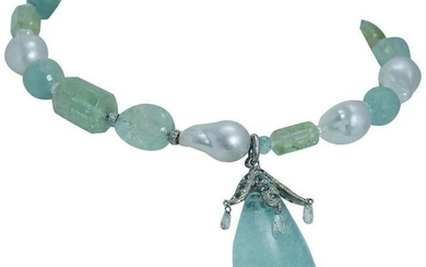 Aquamarine Necklace Diamond Baroque Pearl Choker 14K