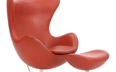 Arne Jacobsen: “Egg Chair”. Easy chair and stool with frame of aluminium and steel. Seat, sides and back upholstered with red leather. (2)