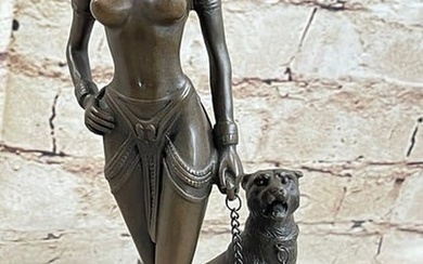 Art Deco Bronze Sculpture of Egyptian Queen Princess Semi Nude Figure w/ Panther
