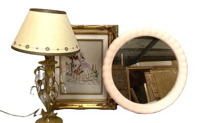 Assorted including a modern circular light pink framed wall mirror; a 'lustre' drop table lamp and