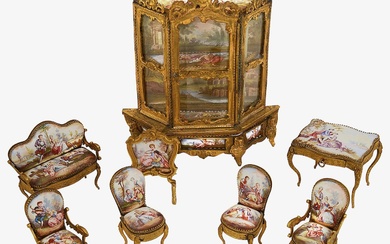 Austrian Viennese gilt metal and enamel miniature salon furniture