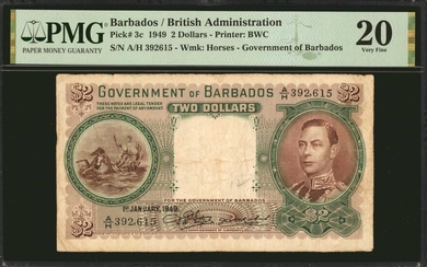 BARBADOS. Government of Barbados. 2 Dollars, 1949. P-3c. PMG Very Fine 20.