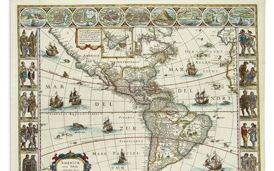 BLAEU, WILLEM. Americae nova Tabula. Hand-colored double-page engraved map of the Americas surrounded...