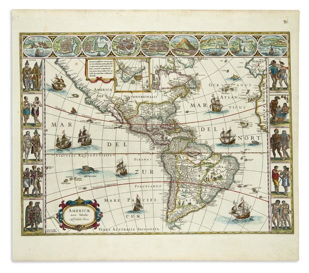 BLAEU, WILLEM. Americae nova Tabula. Hand-colored double-page engraved map of the Americas surrounded...