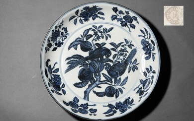 BLUE AND WHITE FLORAL AND BIRD PLATE