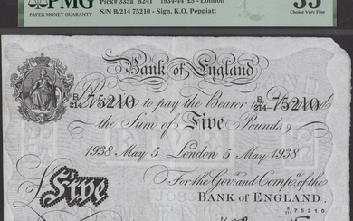 Bank of England, Kenneth O. Peppiatt, £5, London, 5 May 1938, serial...