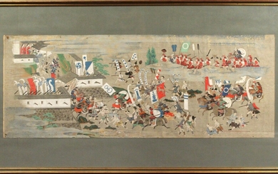 Battaglia tra samurai, tempera su carta, cm. 38,5x101, Giappone XVIII sec, entro cornice.