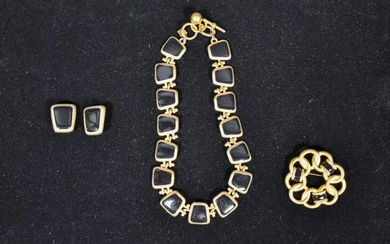 Black and Gold Tone Earrings, Necklace and Brooch