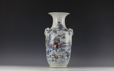 Blue White Underglazed-Red Figural Vase with Handles