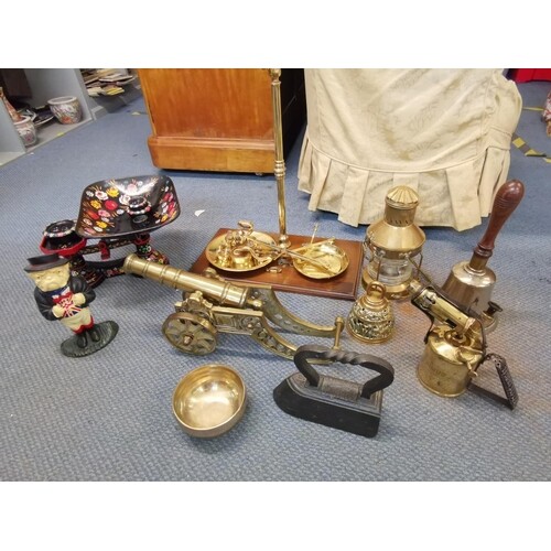 Brass and metal ware to include two sets of scales, a model ...