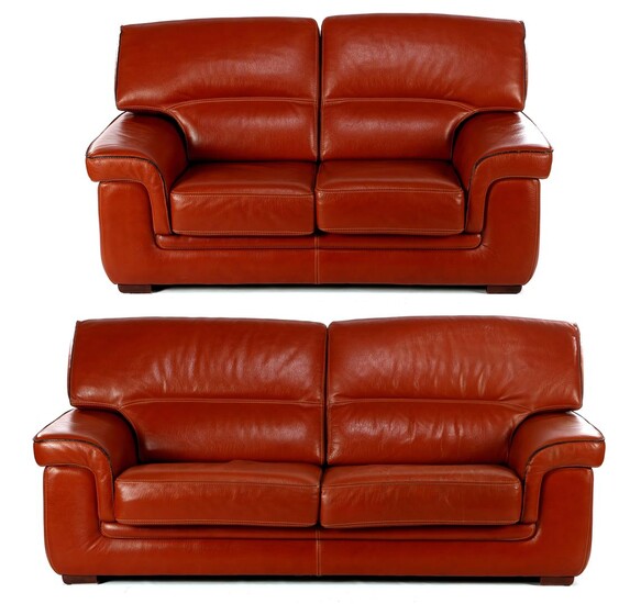 (-), Brown leather 2-seater sofa and 3-seater sofa...