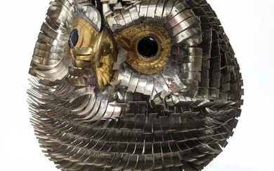 Brutalist Metal Owl Sculpture. Cut tin.