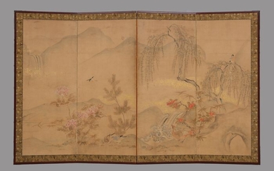 Byobu, Folding screen - Nanga-school 南画 - Paper, Wood - Bird, Flowers, Waterfall, River, Landscape, Mountain - Rare&serene medium-size 4(!)-panel room divider with a continuous painting of lively landscape. - Japan - Edo period (1600-1868) - 19th century