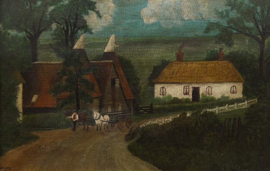 C Elvery, British Naive School, late 19th/early 20th century- Horse and cart on a country land with cottages; oil on canvas, signed, dated indistinctly, 35.5 x 53 cm