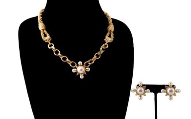 CABLE LINK NECKLACE W/ PEARL CROSS & EARRINGS