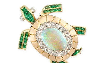 CARTIER, A VINTAGE OPAL, EMERALD AND DIAMOND TURTLE BROOCH in 18ct yellow gold, the shell set with
