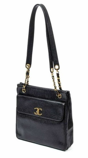 CHANEL BLACK CAVIAR LEATHER SHOPPING TOTE BAG