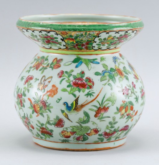 CHINESE EXPORT FAMILLE ROSE-ON-CELADON PORCELAIN SPITTOON Polychrome enamel decoration of flowers, fruit, birds and butterflies. Unm...