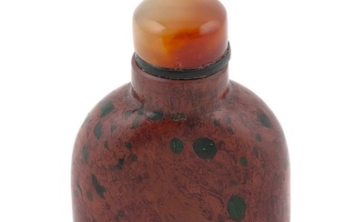 CHINESE RED AND GREEN PUDDINGSTONE SNUFF BOTTLE Late 19th/Early 20th Century Height 2.25". Agate