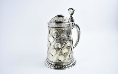 CONTINENTAL COIN-INSET SILVER PLATE TANKARD