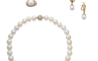 CULTURED PEARL AND DIAMOND NECKLACE, EARRING AND RING SUITE