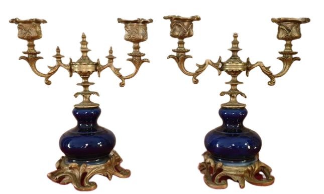 Candelabra (2) - Louis XV Style - Bronze (gilt), Patinated bronze, Porcelain - Late 19th century