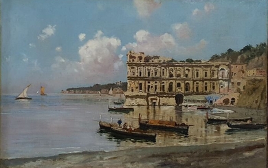 Carlo Brancaccio ( Napoli, 1861 - Napoli, 1920 ). - Marina di Napoli con Palazzo donn'Anna