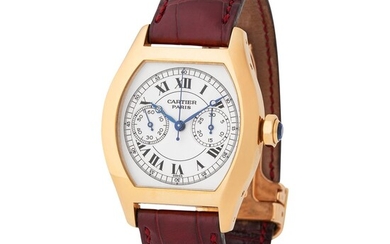 Cartier Paris. Fascinating Tonneau-shaped Single-button Chronograph Wristwatch in Yellow Gold, Reference 2356, With Box and Papers