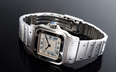Cartier "Santos" steel ladies' wristwatch, small model, quartz movement, roman numerals and minute indices, single folding clasp, synthetic sapphire on the setting crown, no. 9057930//03329, from 1992, approx. 16.5 cm inside diameter (no guarantee...