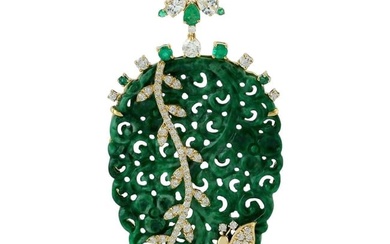 Carved Jade Emerald Diamond 18 Karat Gold Leaf Pendant Necklace