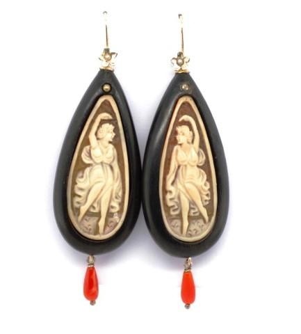 Carved cameo, 9ct yellow gold and coral earrings with ebony ...