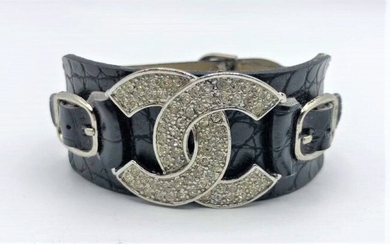 Chanel Black Leather Bracelet with Rhinestones