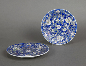 Chinese Blue Porcelain Plates, White Floral Scrolls