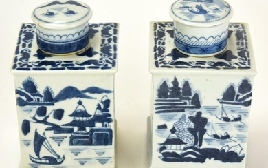 Chinese Canton Blue & White Porcelain Tea Caddies